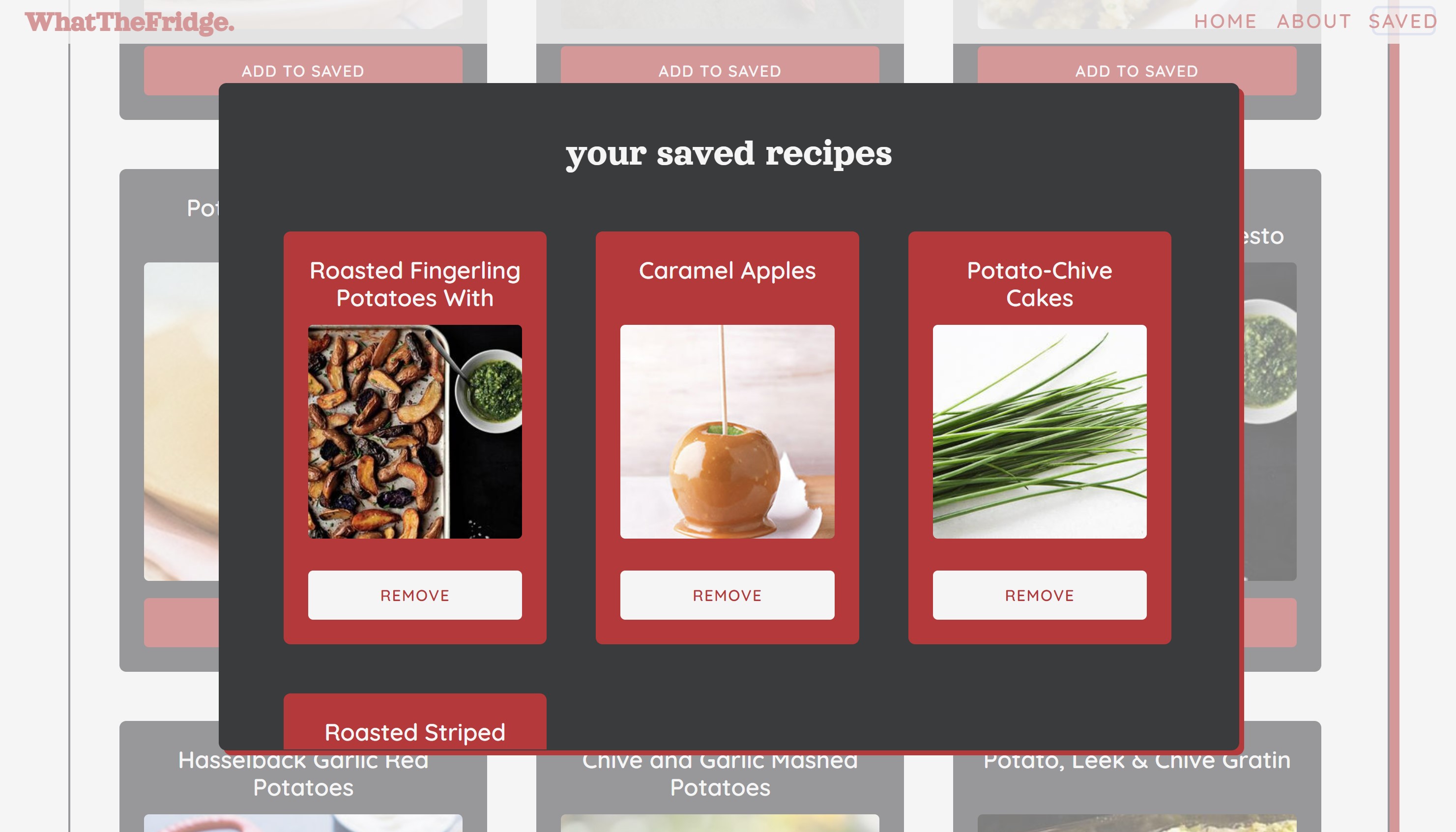screenshot of saved recipes